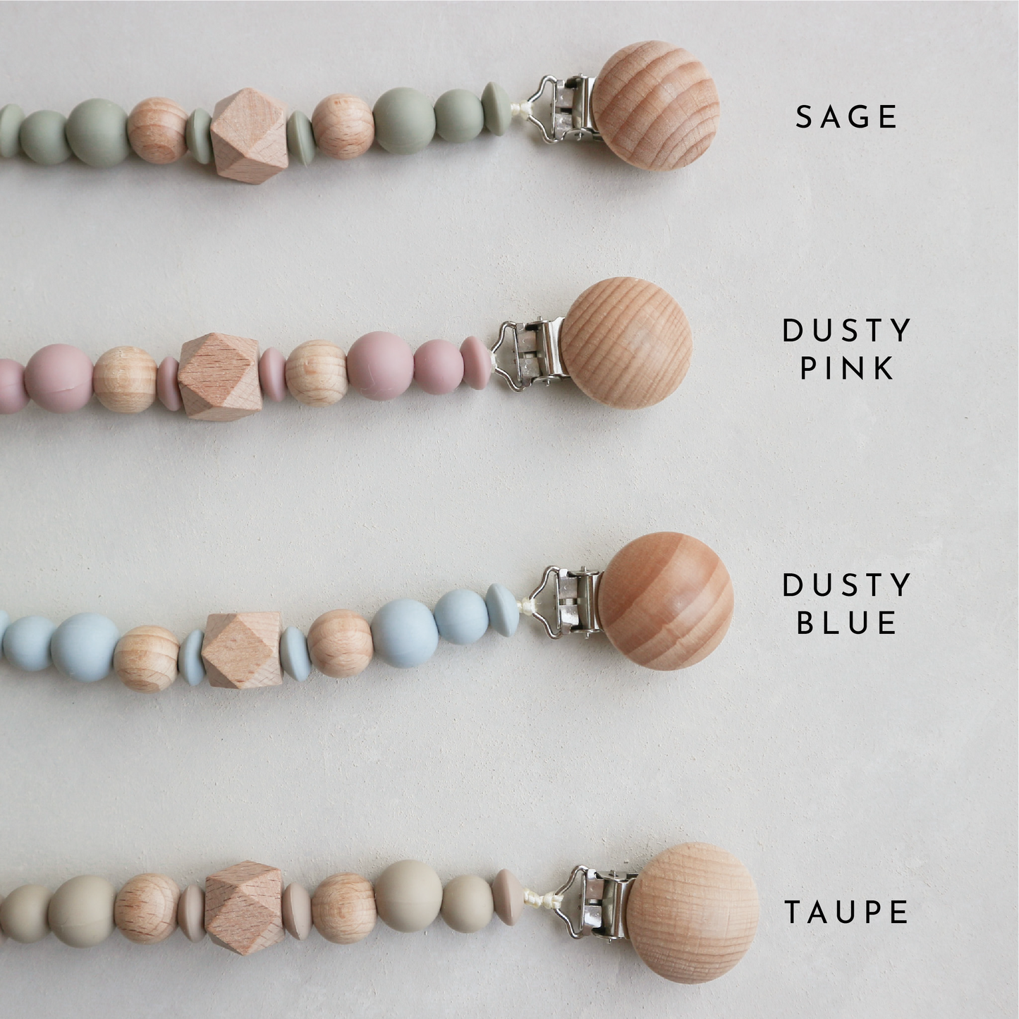 Silicone and wood bead dummy/teether clip