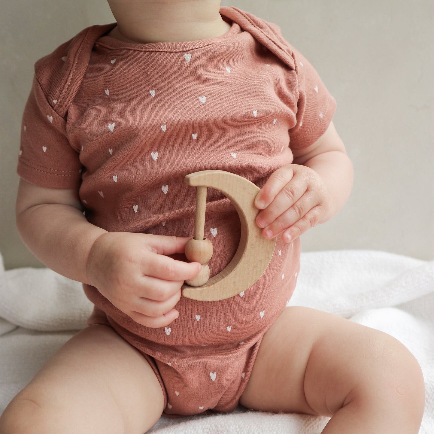 Wooden moon teething rattle