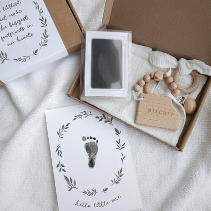 Personalised new baby gift box with footprint kit - leaf wreath