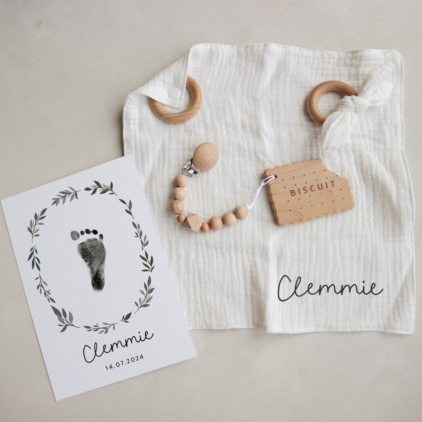 Personalised new baby gift box with footprint kit - leaf wreath