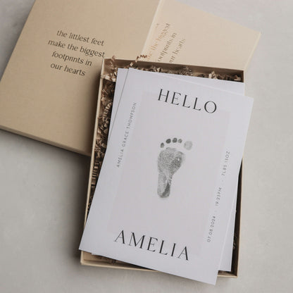 Personalised hello new baby print handprint/footprint gift box