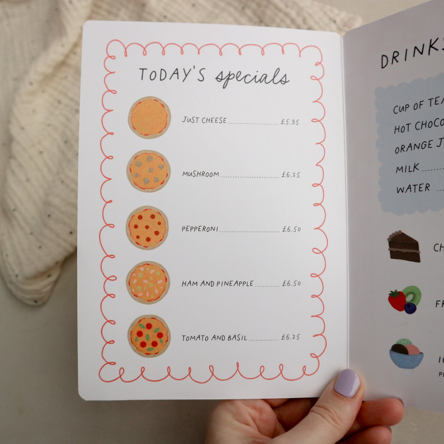 Personalised kids play pizzeria menu