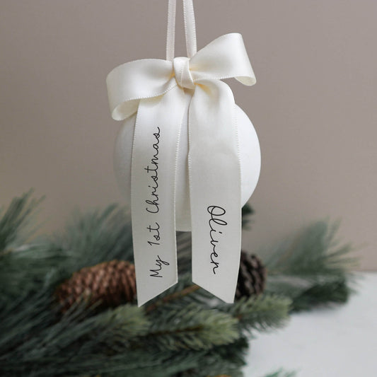 Personalised bow ceramic Christmas bauble