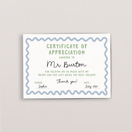 Personalised Best teacher certificate of appreciation postcard