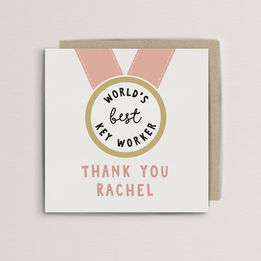 Personalised Worlds best key worker medal thank you card