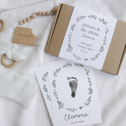 Personalised new baby gift box with footprint kit - leaf wreath